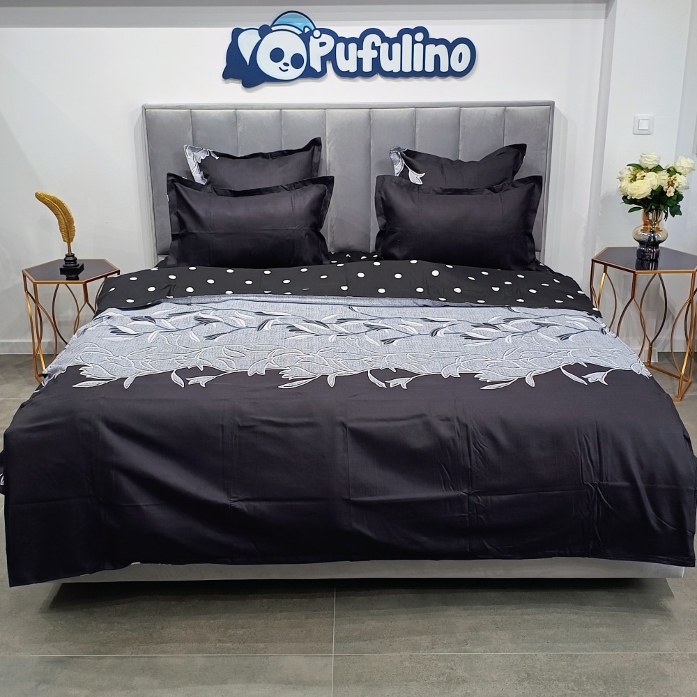 lenjerie de pat material finet neagra cu buline si frunze (3) lenjerie de pat material finet neagra cu buline si frunze