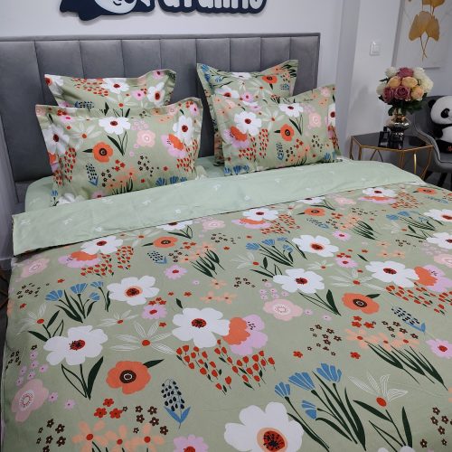 lenjerie de pat bumbac finet verde cu flori