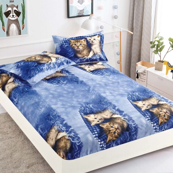 husa de pat albastra din finet cu pisicute 3d