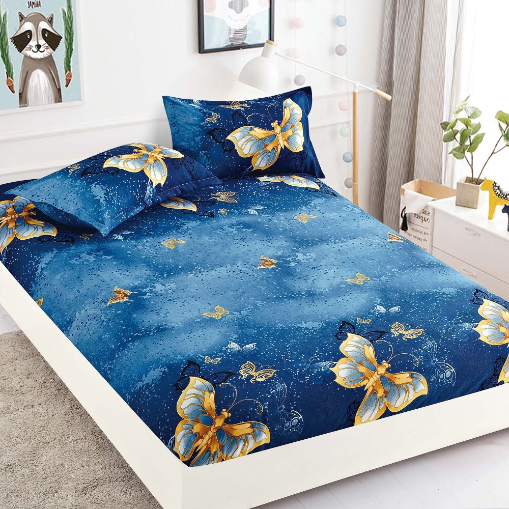 husa de pat din finet albastra cu fluturi aurii