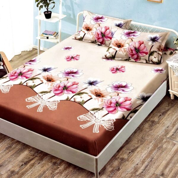 husa de pat din finet crem-maro cu flori roz