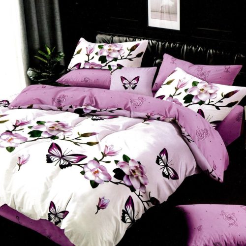 lenjerie alb lila cu flori si fluturi