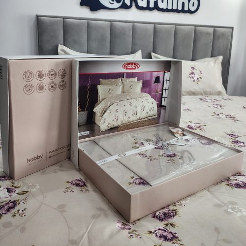 lenjerie de pat bumbac poplin bej cu floricele