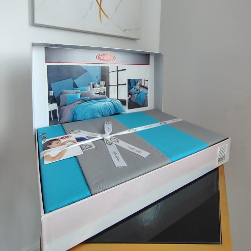 lenjerie de pat bumbac damasc albastra