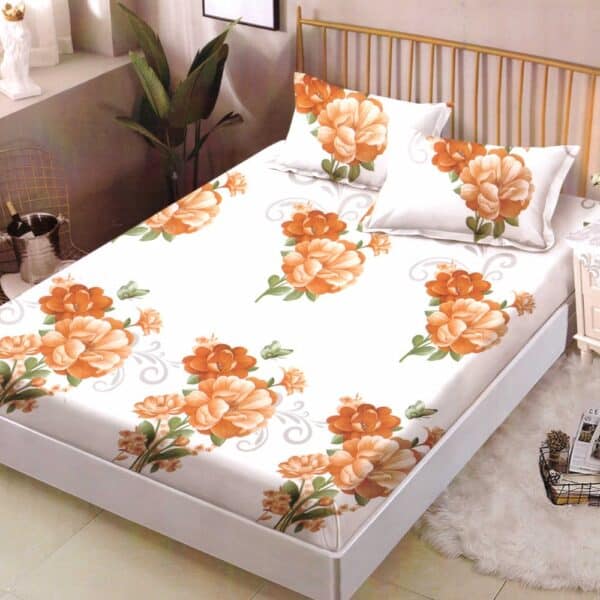 husa de pat crem cu flori portocalii