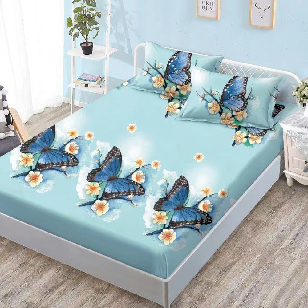 husa de pat finet albastra cu fluturi