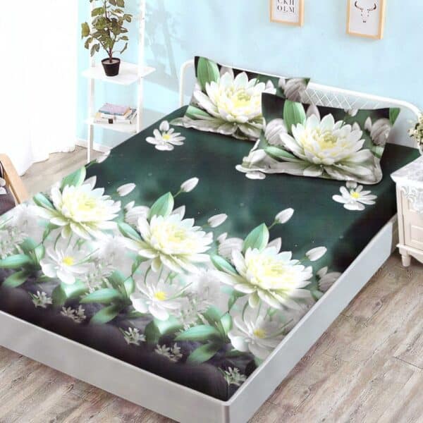 husa de pat verde cu flori albe