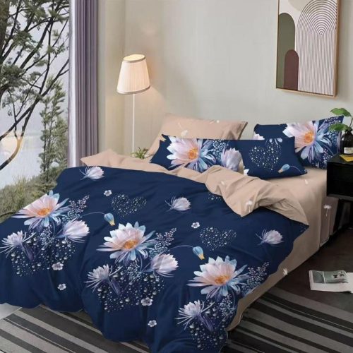 lenjerie bleumarin bej cu flori mari