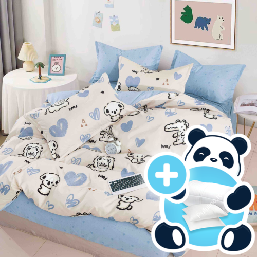 Pachet 1 persoana lenjerie alb cu bleu si animalute