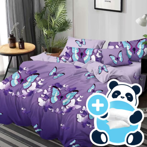 Pachet promo lenjerie pilota si perna pentru 1 persoana fluturasi mov