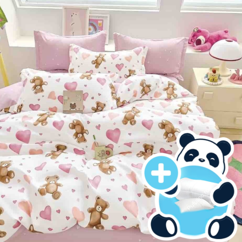 Pachet promo lenjerie pilota si perna pentru 1 persoana teddy hearts