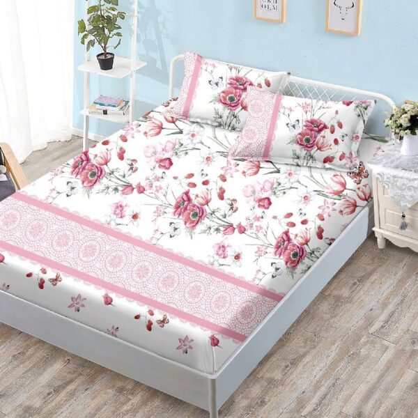 husa de pat cu elastic alb roz cu trandafiri