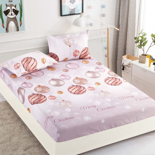 husa de pat cu elastic model craciun - globuri roz