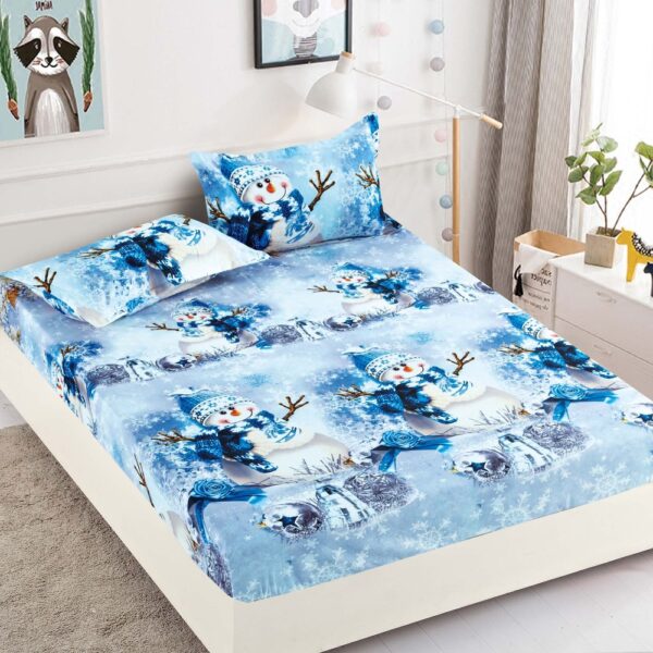 husa de pat cu elastic model craciun - oameni de zapada albastri