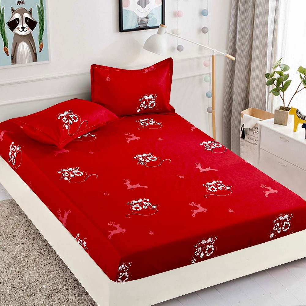 husa de pat cu elastic model craciun - rosu