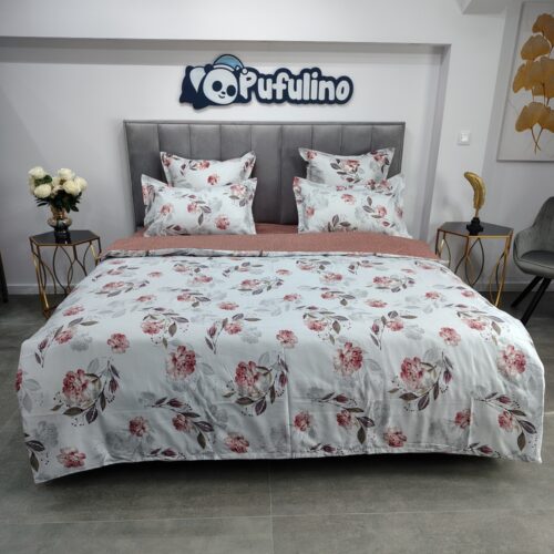 lenjerie de pat material finet alba cu floricele rosii