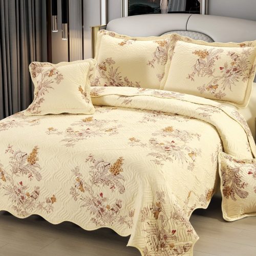 cuvertura de pat din bumbac 5 piese crem cu flori