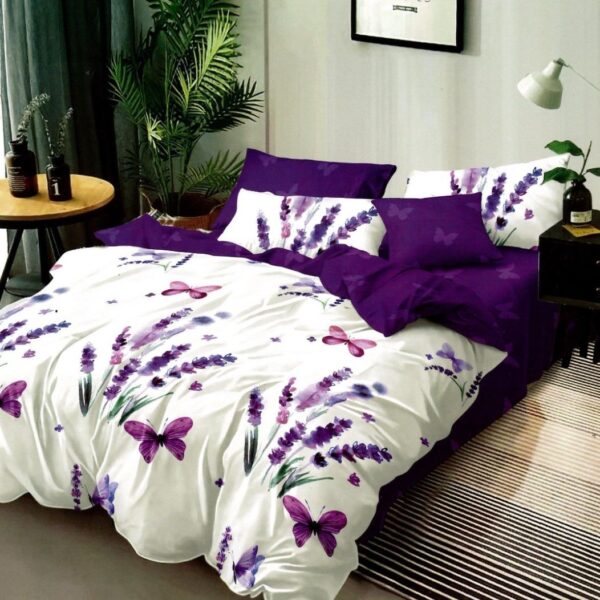 lenjerie alb violet cu flori de lavanda