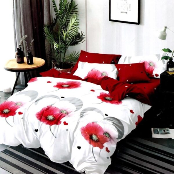 lenjerie de pat fineti alba cu flori rosii