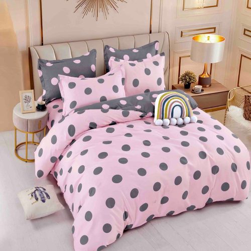 lenejrie de pat finet roz cu buline gri