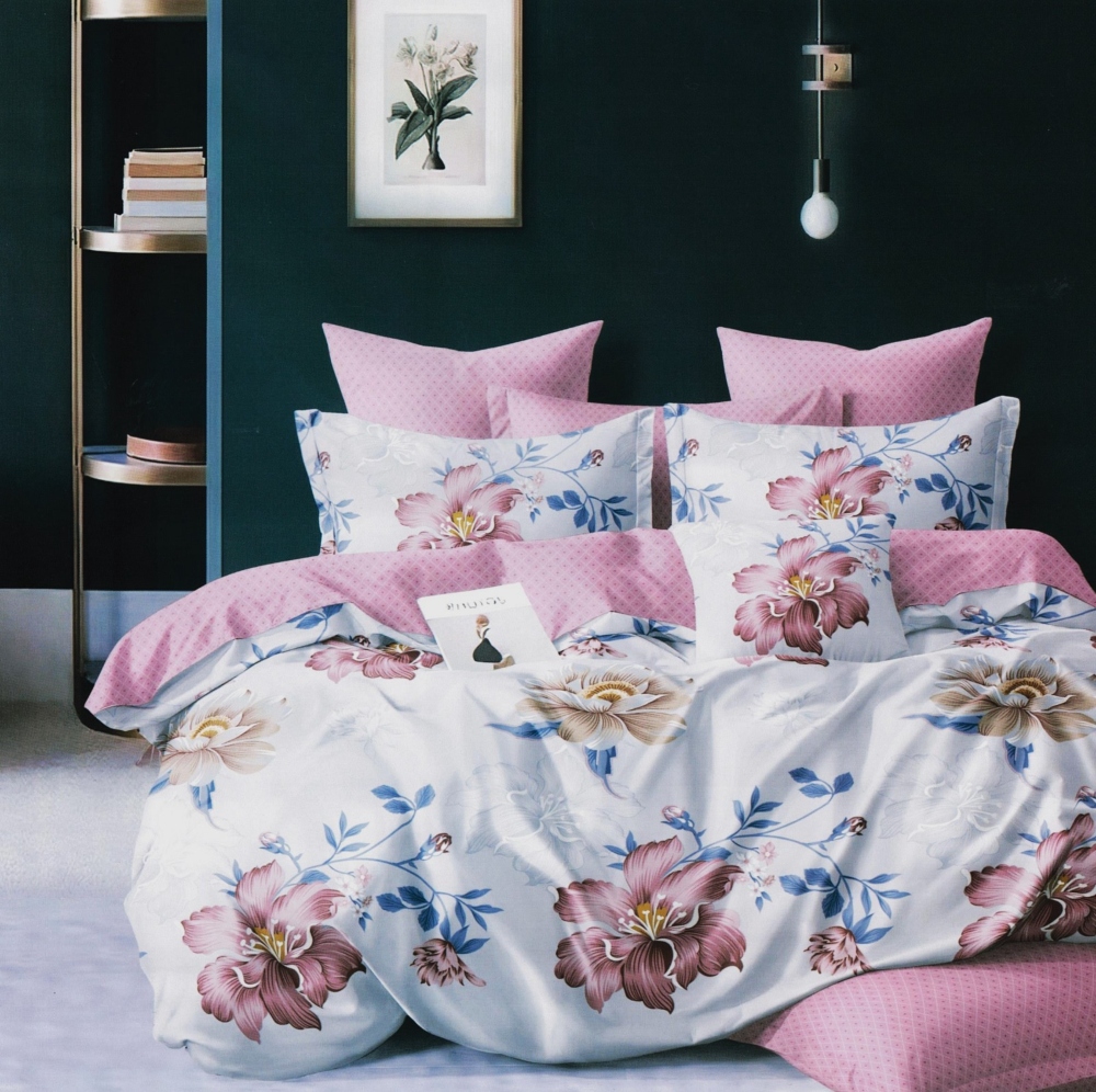 lenjerie bumbac satinat alba cu flori roz lenjerie bumbac satinat alba cu flori roz