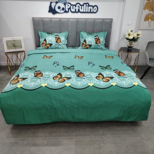 lenjerie de pat material satinat verde cu fluturi