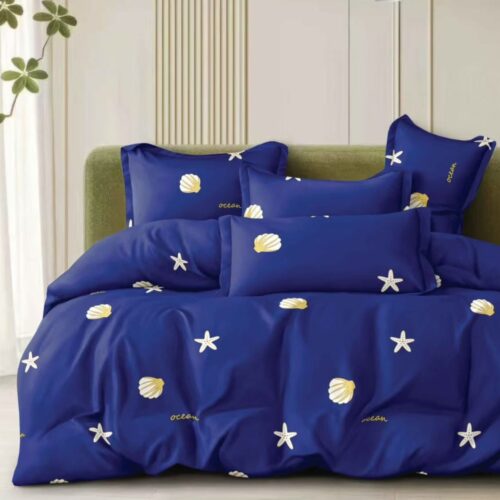 lenjerie de pat material satinat albastra cu scoici