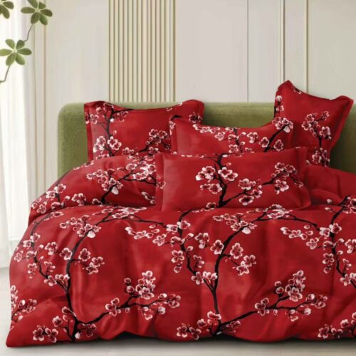 lenjerie de pat material satinat grena cu floricele