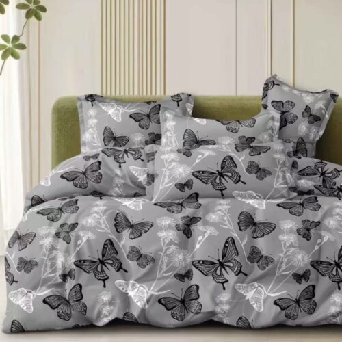 lenjerie de pat material satinat gri cu fluturasi
