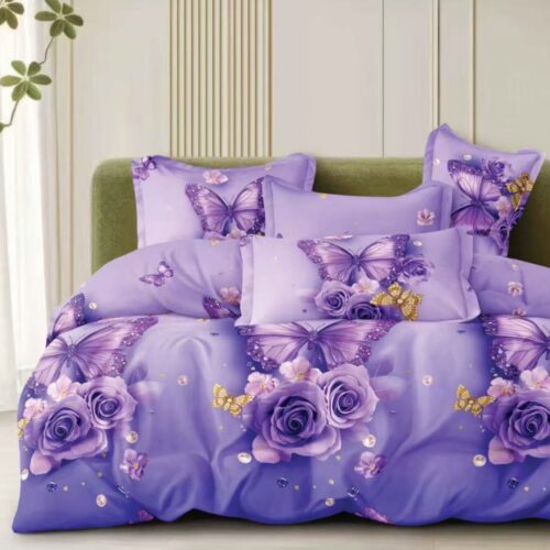 lenjerie de pat material satinat mov cu trandafiri