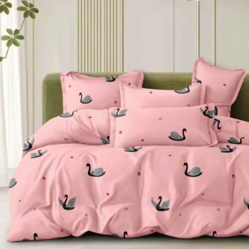 lenjerie de pat material satinat roz cu lebada