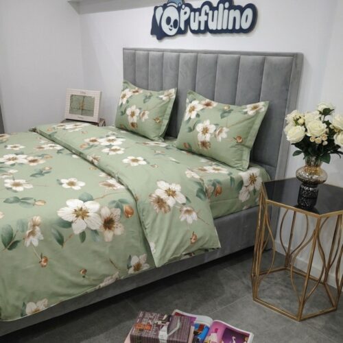 lenjerie de pat material satinat verde cu flaore alba