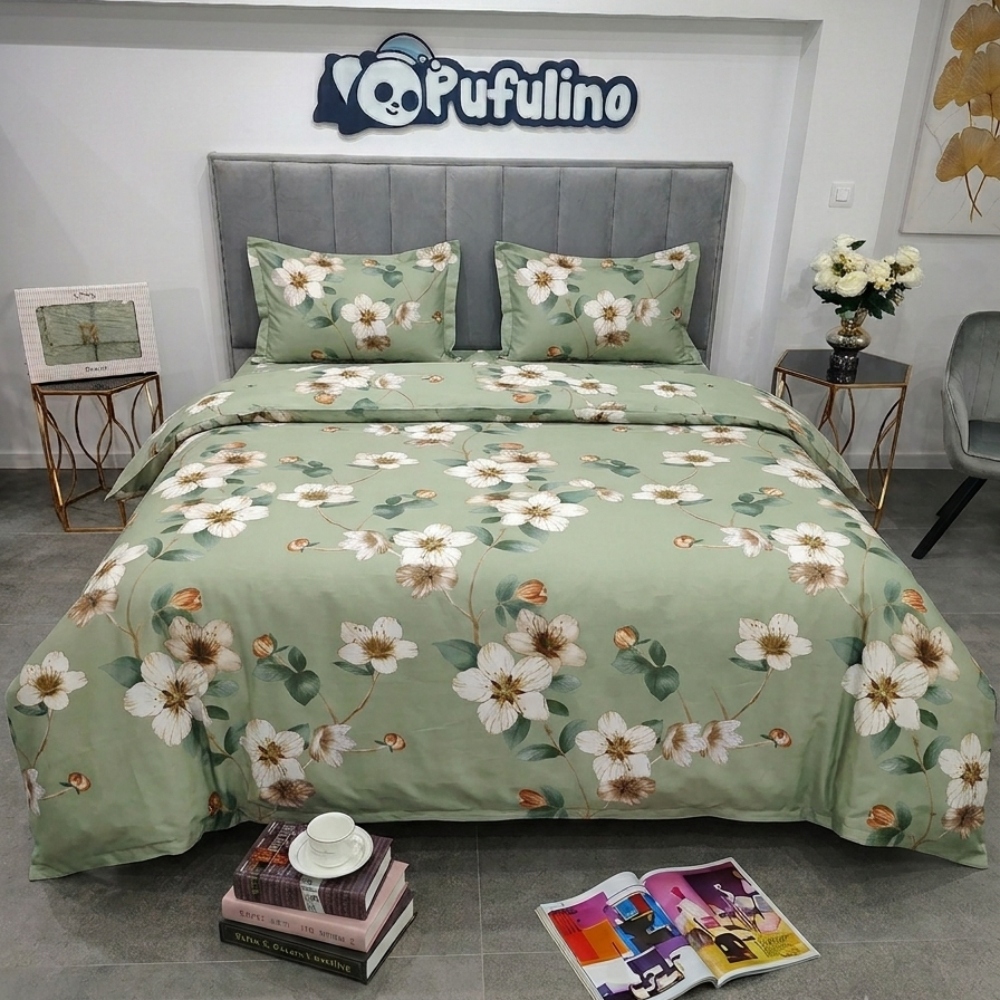 lenjerie de pat material satinat verde cu flaore alba lenjerie de pat material satinat verde cu flaore alba
