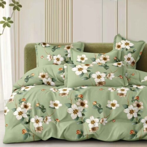 lenjerie de pat material satinat verde cu floricele