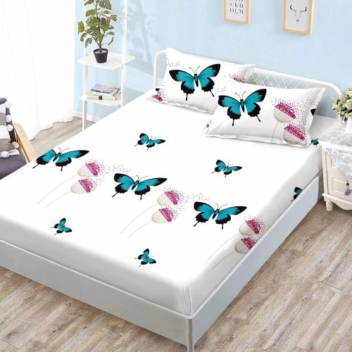 husa de pat finet alba cu fluturi