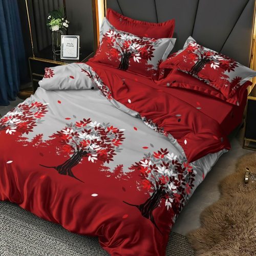 lenjerie de pat finet rosie cu pomi