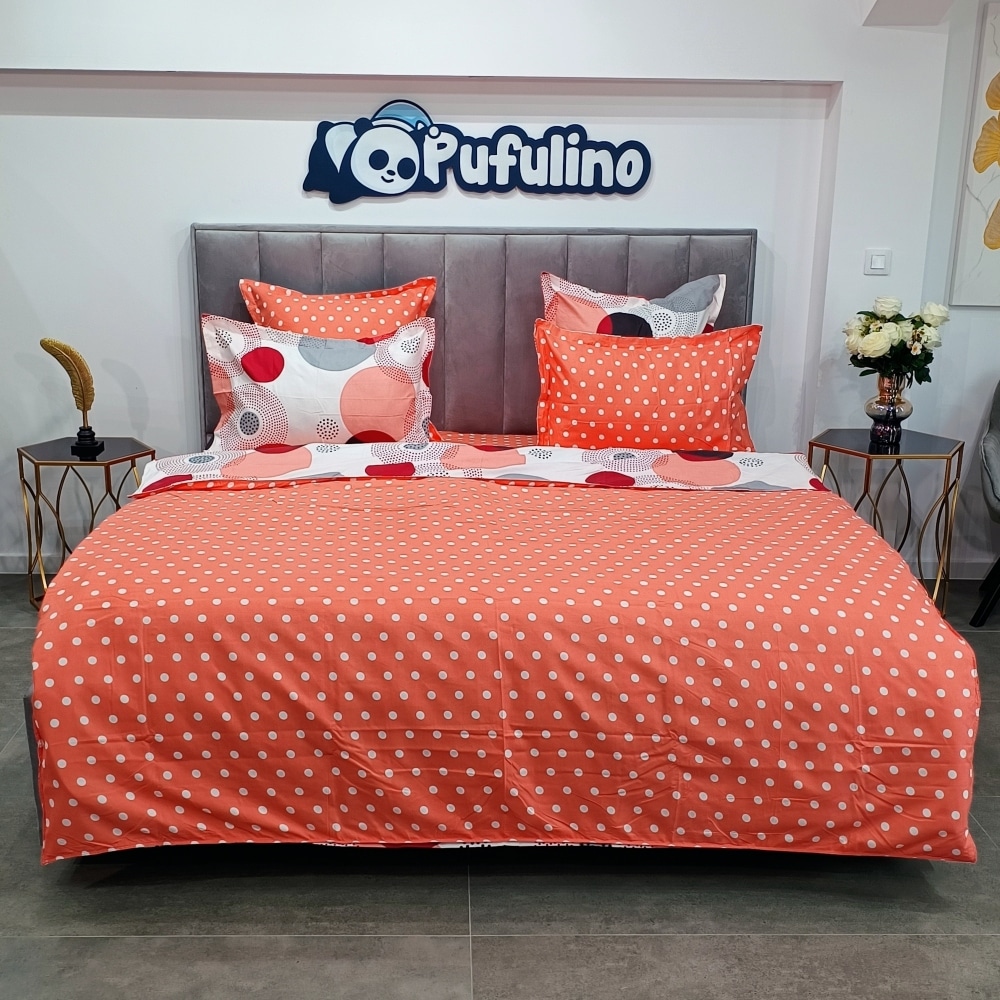 lenjerie de pat material finet portocalie cu buline Set Lenjerie de Pat tip Finet Gros, 6 Piese, Pat 2 Persoane – Super Elegant Pucioasa – PUF117325 - imagine 2