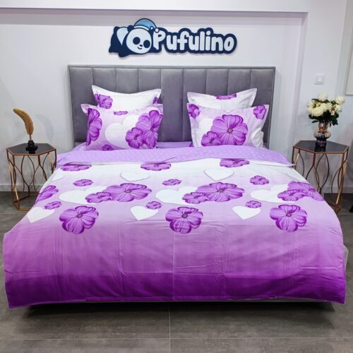 lenjerie de pat material finetalba cu floare mov