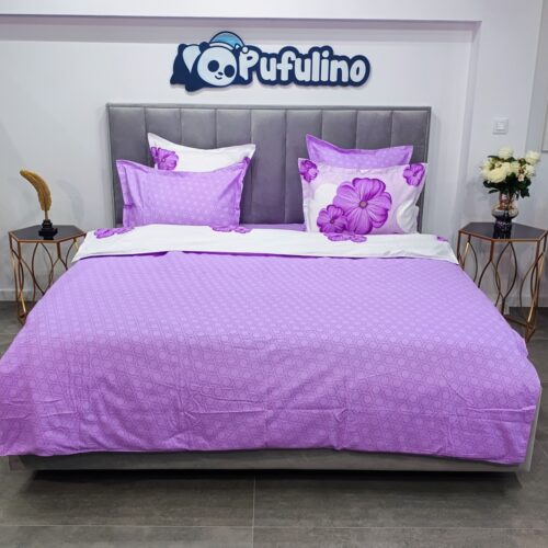 lenjerie de pat material finetalba cu floare mov