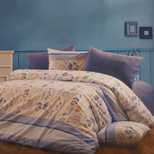 lenjerie de pat bumbac ranforce alba cu flori albastre