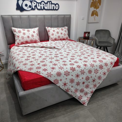 lenjerie de pat bumbac ranforce alba cu fulgi de zapada