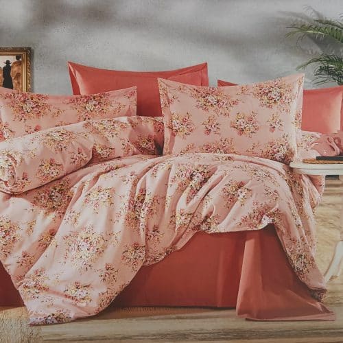 lenjerie de pat bumbac ranforce portocalie cu flori