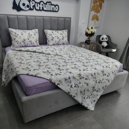 lenjerie de pat ranforce alba cu flori mov