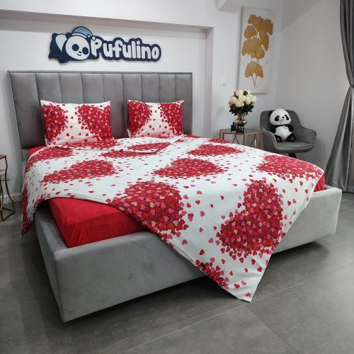 lenjerie de pat ranforce alba cu inimioare