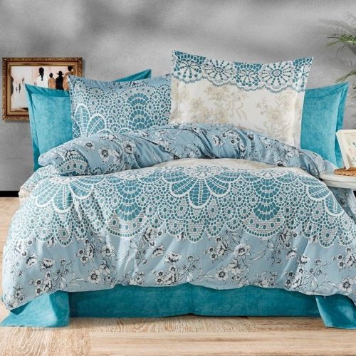 lenjerie din bumbac 100% ranforce turcoaz cu flori