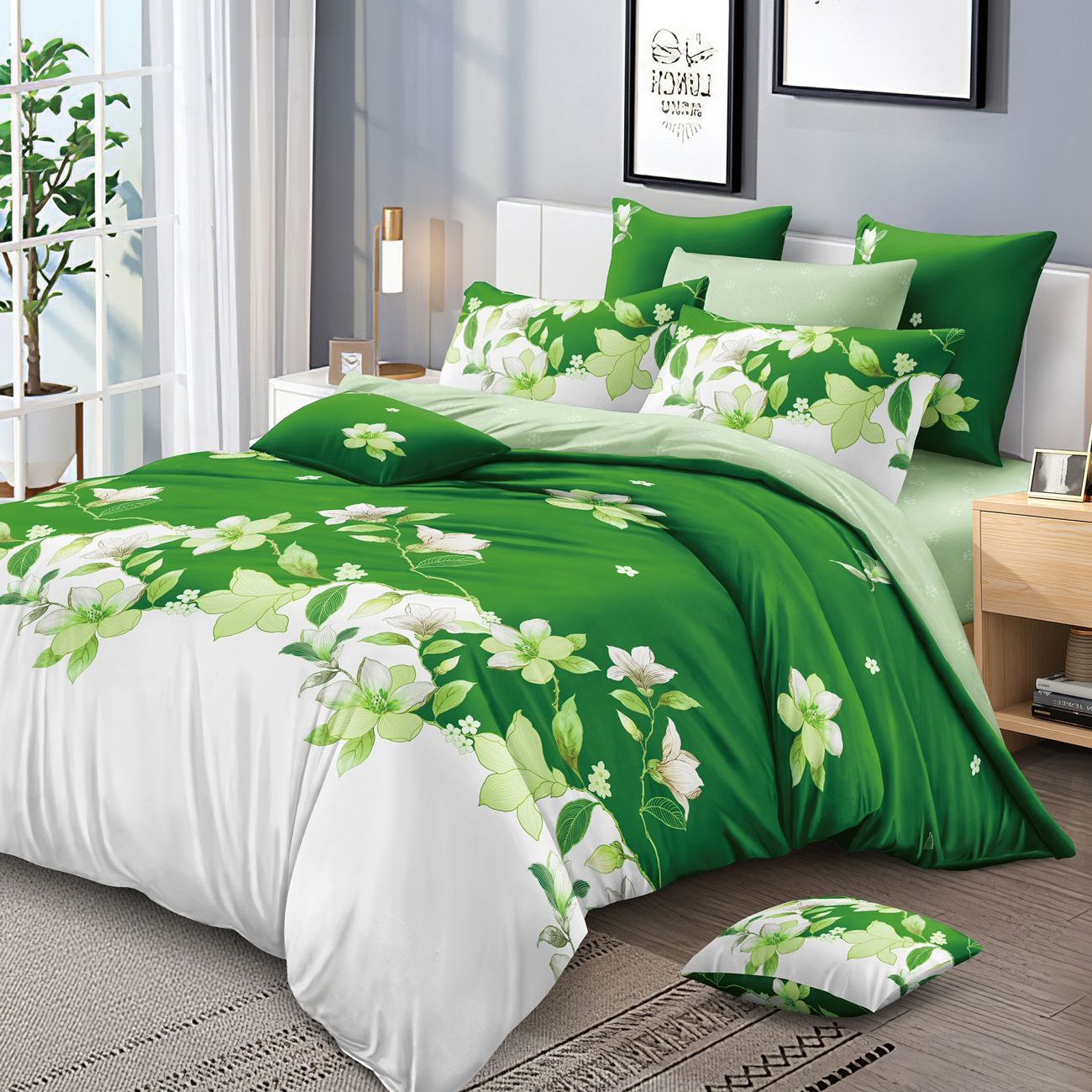lenjerie alb-verde cu flori lenjerie alb-verde cu flori
