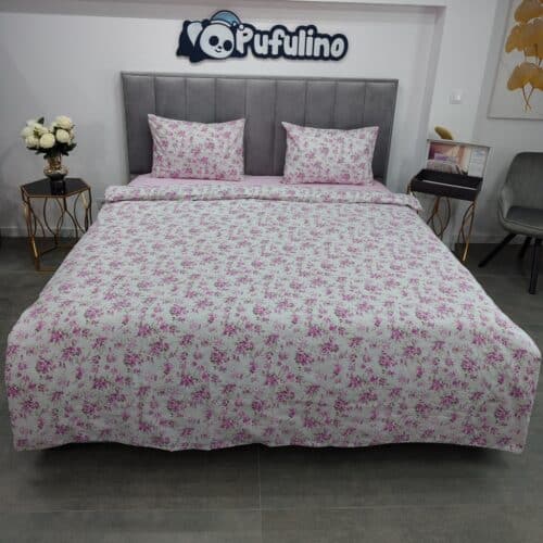 lenejrie de pat bumbac ranforce alba cu floricele rosii (1)