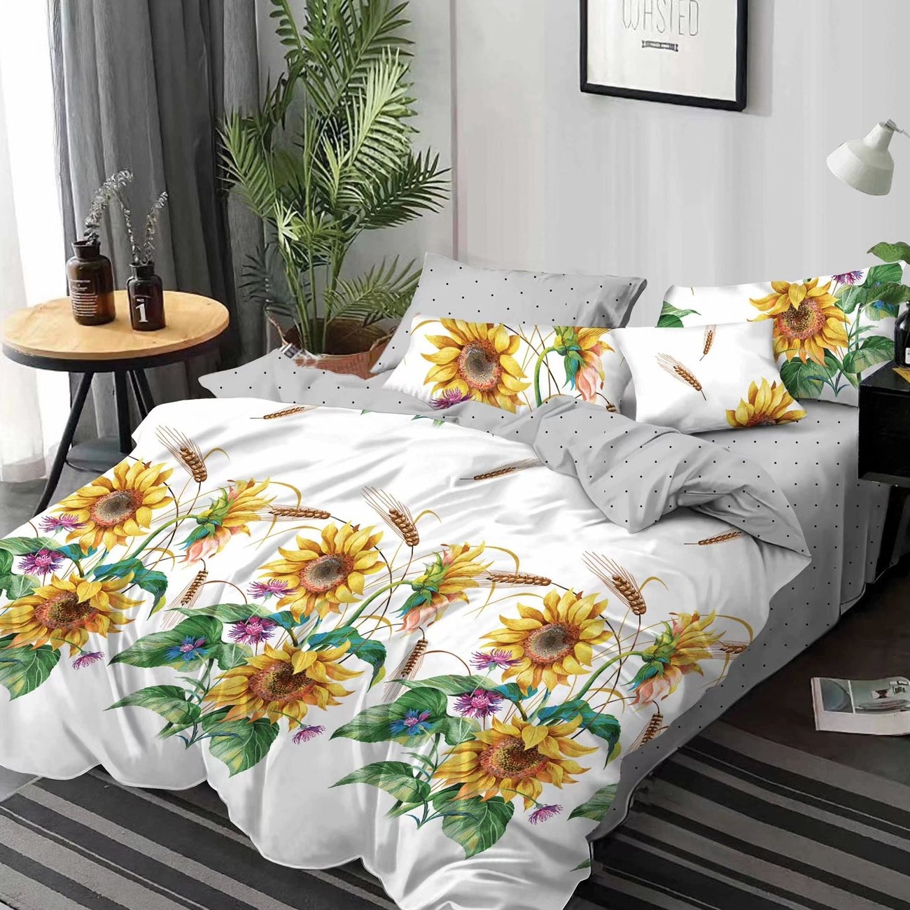 lenjerie alb gri cu floarea soarelui lenjerie alb gri cu floarea soarelui