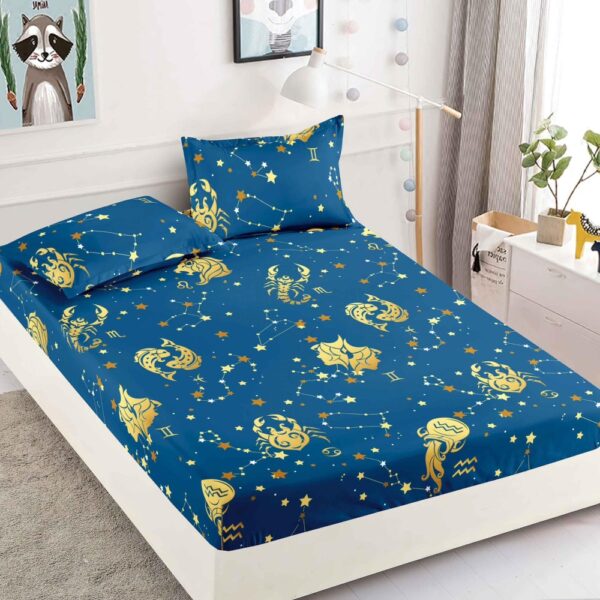 husa de pat finet albastra cu zodiac
