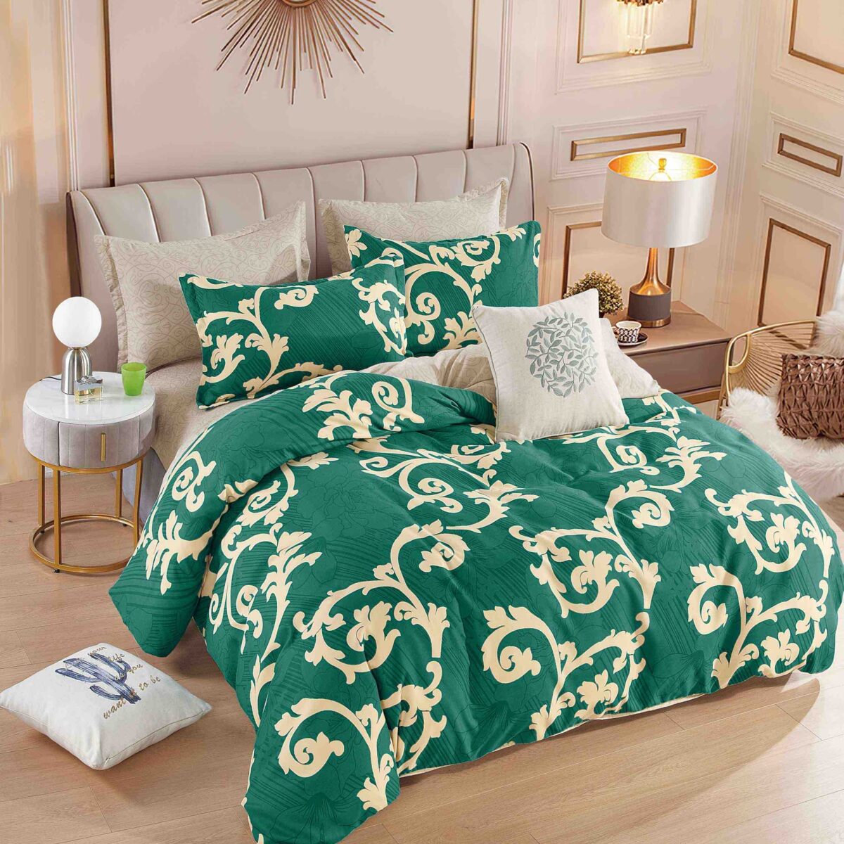 lenjerie de pat finet verde cu ornamente crem
